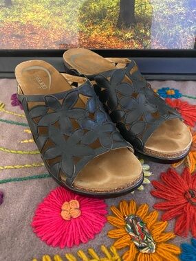 Dansko Dark Blue Floral Cutout Leather Mules, left shoe had a split in fabric